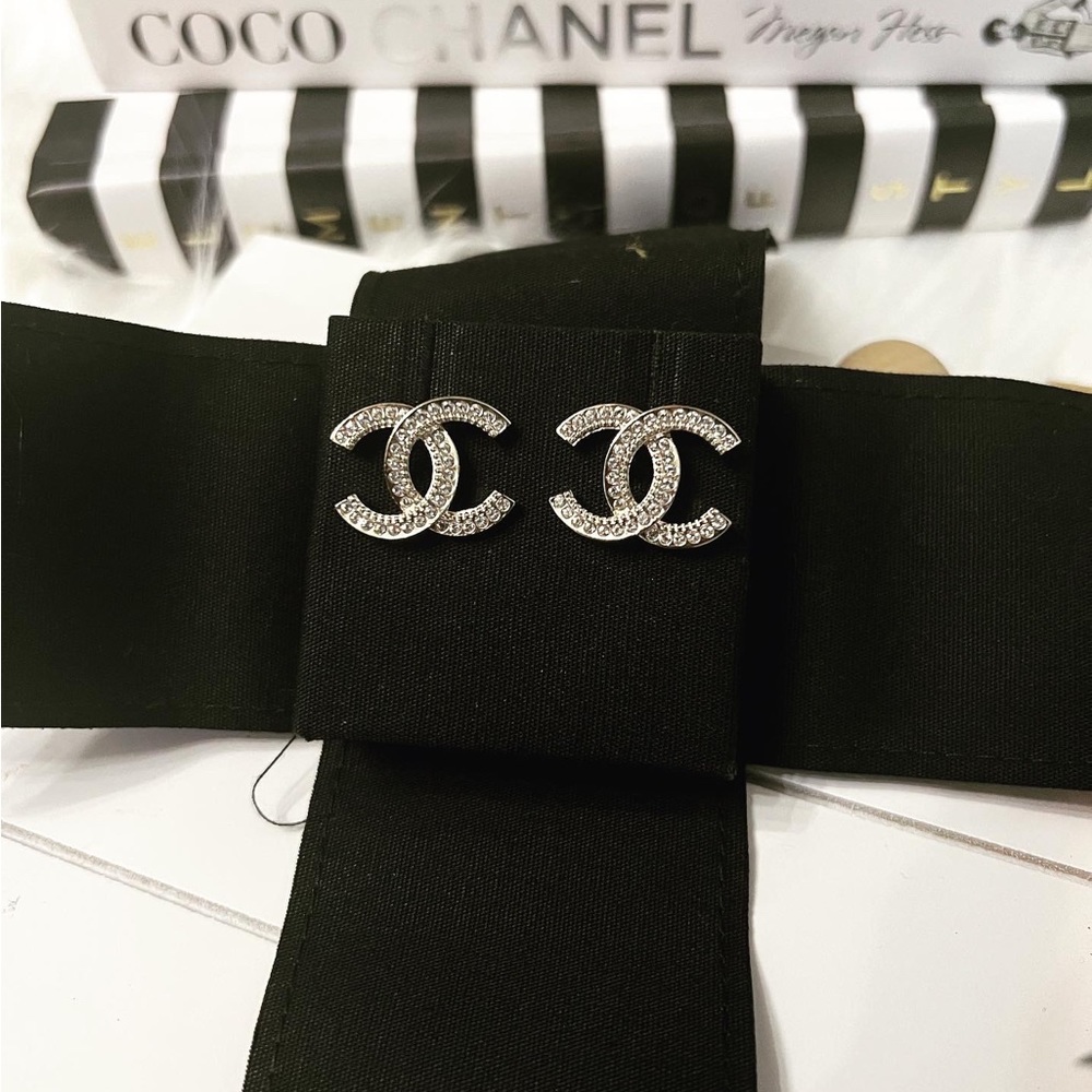 CHANEL Silver Metal & Crystal CC Stud Classic Earrings